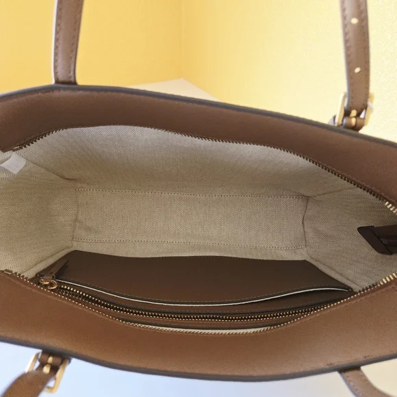 Tory Burch Emerson Top Zip Tote Moose Brown Saffiano Leather Crossbody Bag - Picture 12 of 16